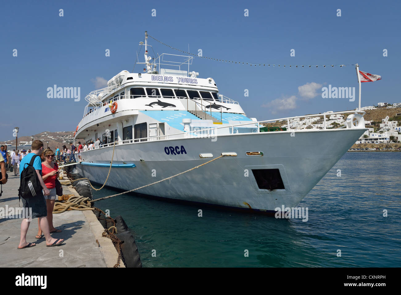 'Delos Tours, bateau de croisière à Délos, Chora, Mykonos, Cyclades, Mer Égée, Grèce Région Sud Banque D'Images