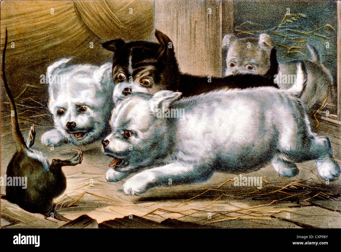 Aller pour lui chiots chassant un rat dans un trou dans le plancher, vers 1868 Banque D'Images