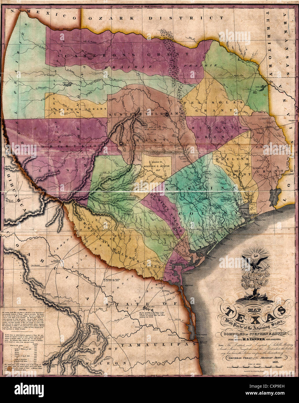 La carte du Texas avec des parties de l'Etats limitrophes, vers 1837 Banque D'Images