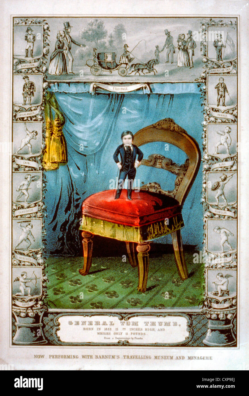 Général Tom Thumb : né en 1832, est de 18 pouces de haut, et ne pèse que 15 livres. L'affiche 1849 Banque D'Images Général Tom Thumb : né en 1832, est de 18 pouces de haut, et ne pèse que 15 livres. L'affiche 1849 Banque D'Images