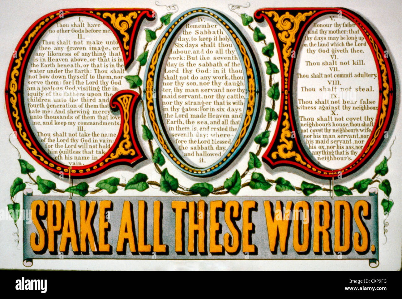 Dieu prononça toutes ces paroles, de grandes lettres Dieu avec des citations de la bible, vers 1876 Banque D'Images