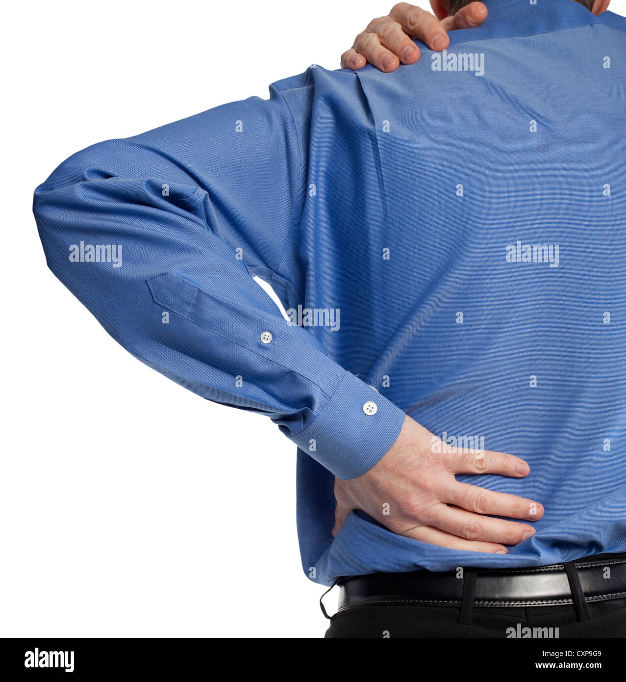 Close-up de l'homme en chemise bleue avec un mal de dos faisant mal Banque D'Images