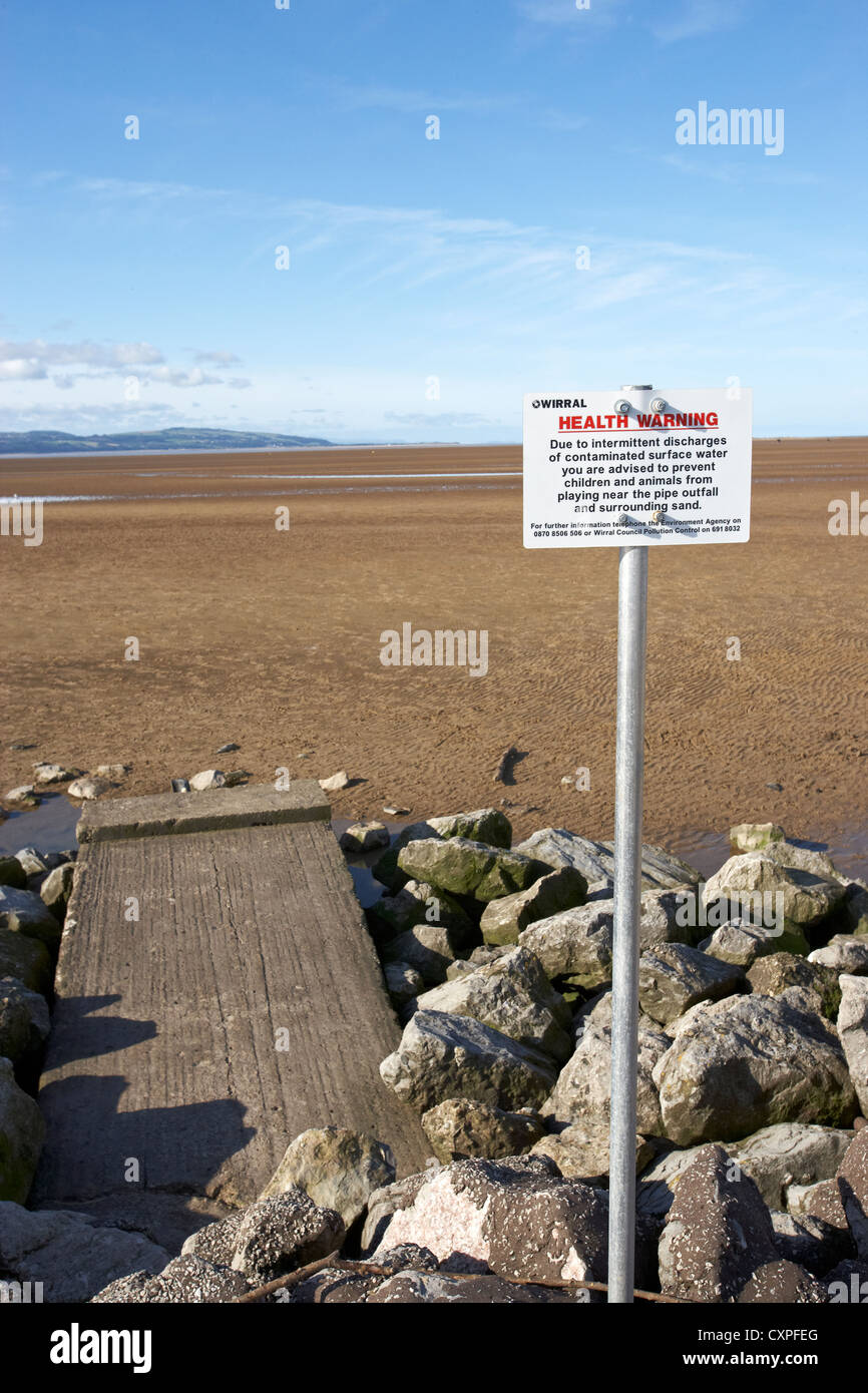 Panneau d'avertissement de santé pour les rejets d'eau contaminée sur la rivière Dee à West Kirby Wirral UK Banque D'Images