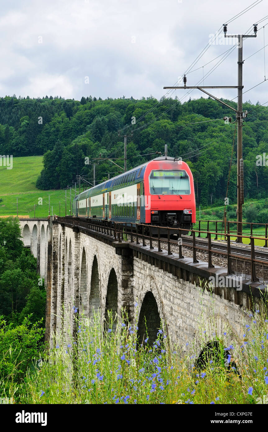 Le pont de chemin de fer qui traverse le Rhin à Eglisau, Canton de Zurich, Suisse. Banque D'Images