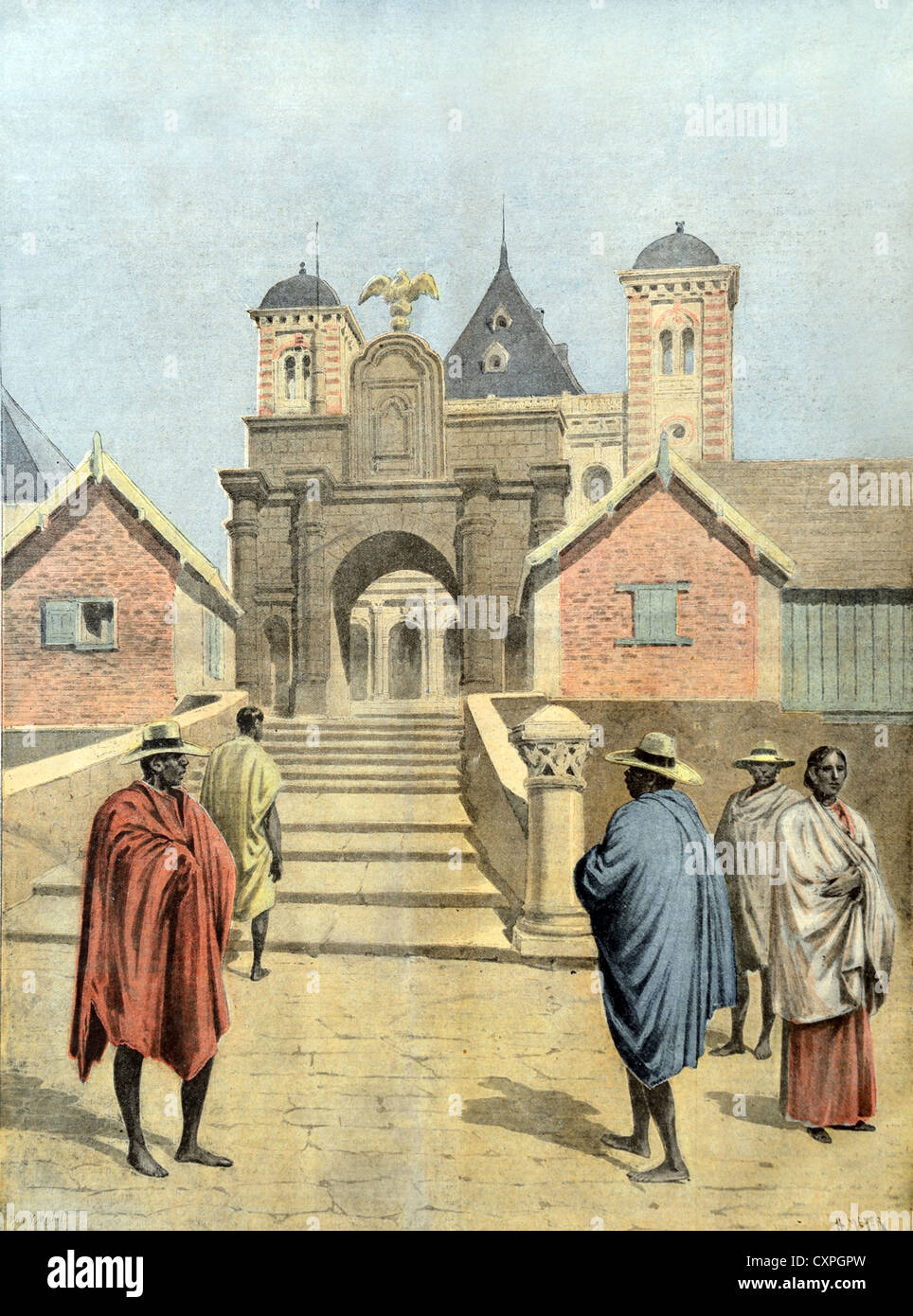 Palais de la Reine ou Rova d'Antananarivo et Malgaches devant la porte du Palais principal Antananarivo Madagascar (1895) gravure ou illustration historique ou ancienne Banque D'Images