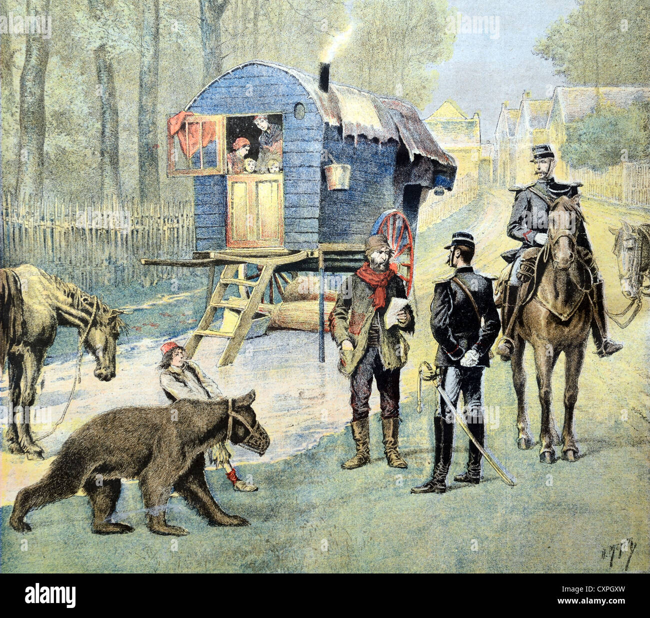Gitane Camp de recensement Caravan & Dancing Bear France (1895) Illustration ancienne ou gravure ancienne Banque D'Images