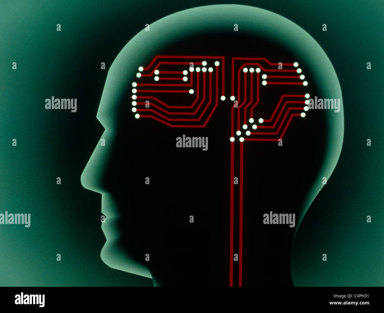 Profil de tête humaine Illustration ordinateur rouge circuits Microchip Banque D'Images