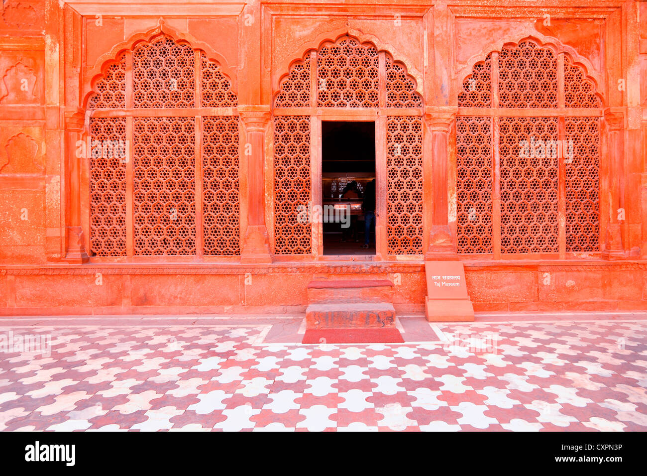 Détail architectural de la mosquée au Taj Mahal, Agra, Inde Banque D'Images