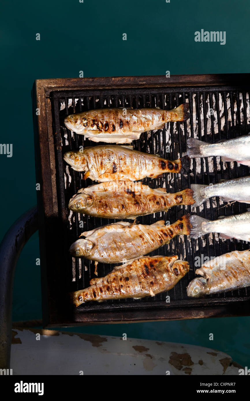 Sur le barbecue de poissons sur un bateau dans la Vallée des Papillons, Turquie Banque D'Images