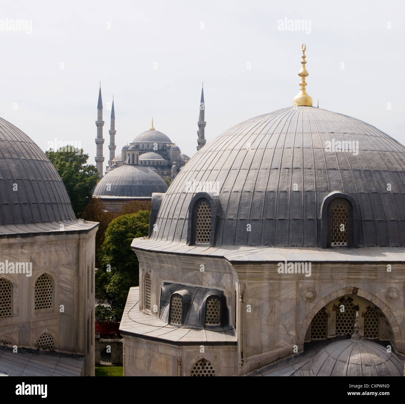Les dômes de la basilique Sainte-Sophie et de la Mosquée Sultan Ahmed (Mosquée Bleue), Istanbul, Turquie Banque D'Images