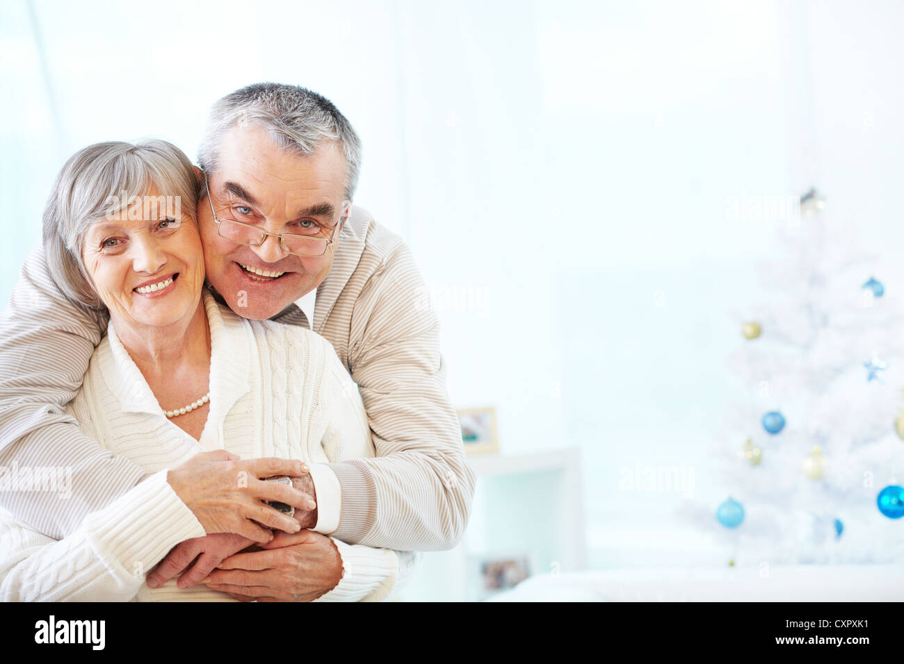 Portrait of a happy senior couple embracing and looking at camera Banque D'Images