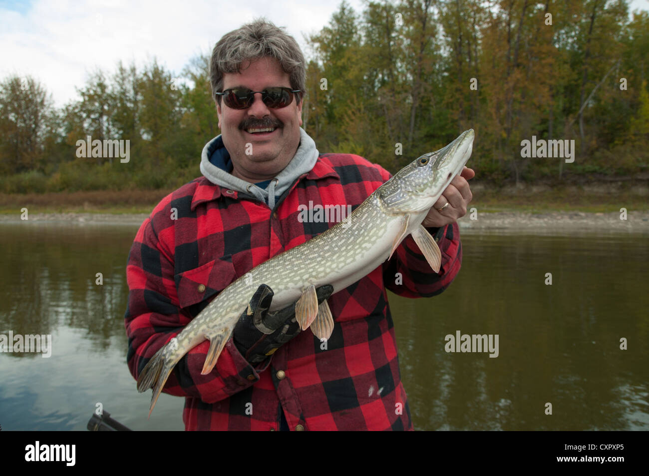 La pêche au brochet du nord sur la rivière Athabasca dans le nord de l'Alberta, Canada. Banque D'Images