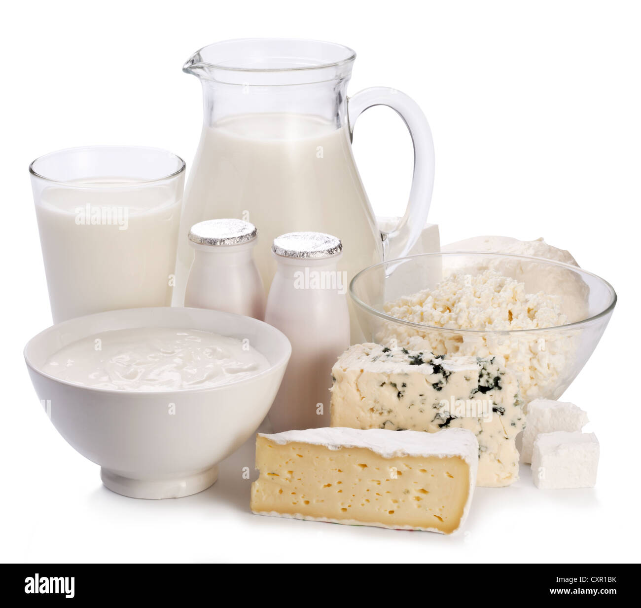 Les produits laitiers. Sur un fond blanc. Banque D'Images