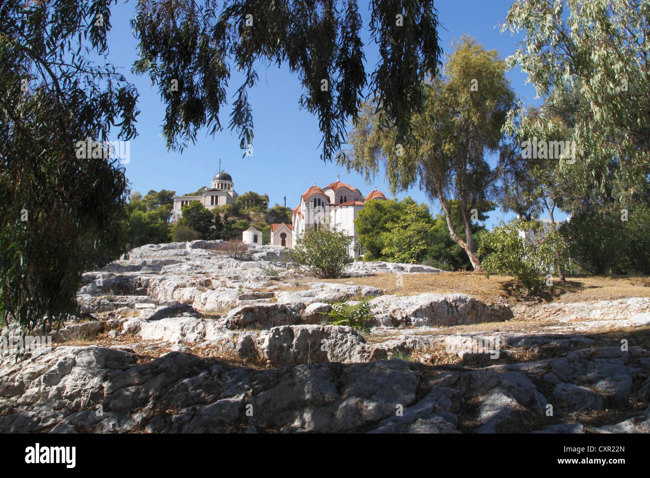 Observatoire national d'Athènes et Saint Marina (Agia Marina) Église sur la colline des nymphes, Thission, Athènes, Attique, Grèce Banque D'Images