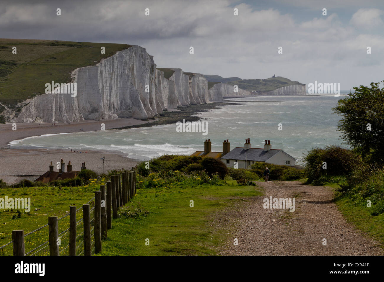 Cottages de la Garde côtière en face des sept Sœurs des falaises de craie à Cuckmere Haven, East Sussex, Angleterre Banque D'Images