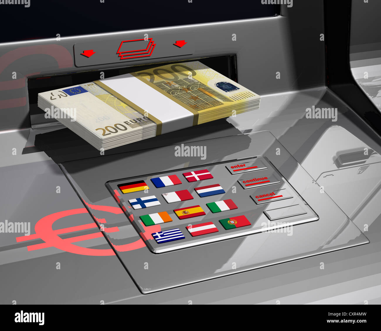 Distributeur automatique avec les drapeaux de l'UE, l'image symbolique de l'euro de sauvetage, illustration Banque D'Images