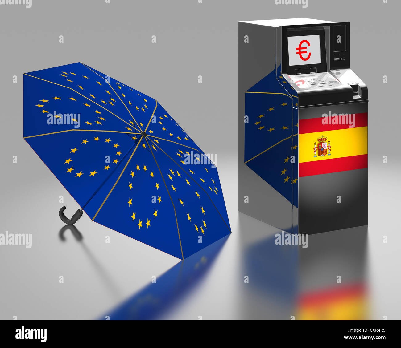 ATM avec un drapeau espagnol à côté d'un parapluie avec les étoiles de  l'UE, l'image symbolique de l'euro de sauvetage, illustration Photo Stock -  Alamy