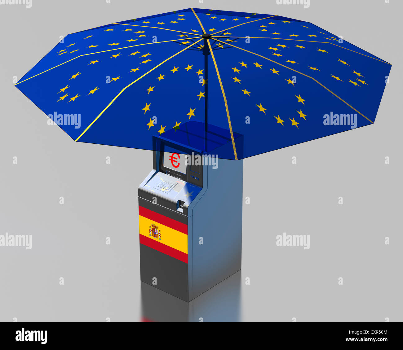 ATM avec un drapeau espagnol sous un parapluie avec les étoiles de l'UE,  l'image symbolique pour l'euro plan de sauvetage pour l'Espagne Photo Stock  - Alamy