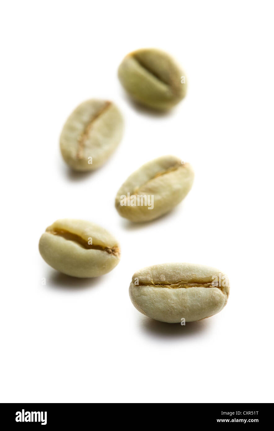 Les grains de café vert sur fond blanc Banque D'Images