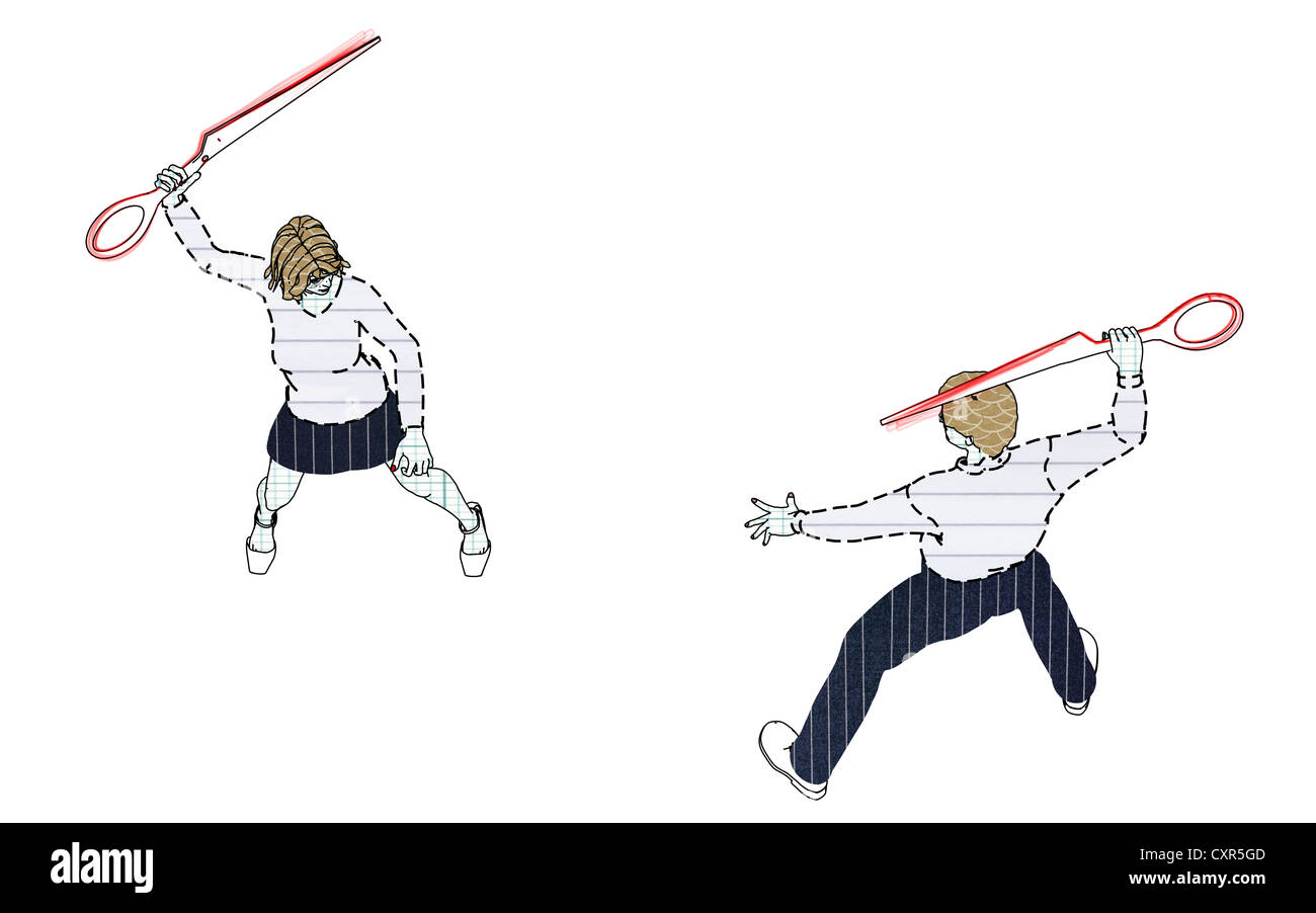 Collègues en lutte contre les uns les autres avec la moitié d'une paire de ciseaux, image symbolique de batailles de bureau, illustration Banque D'Images