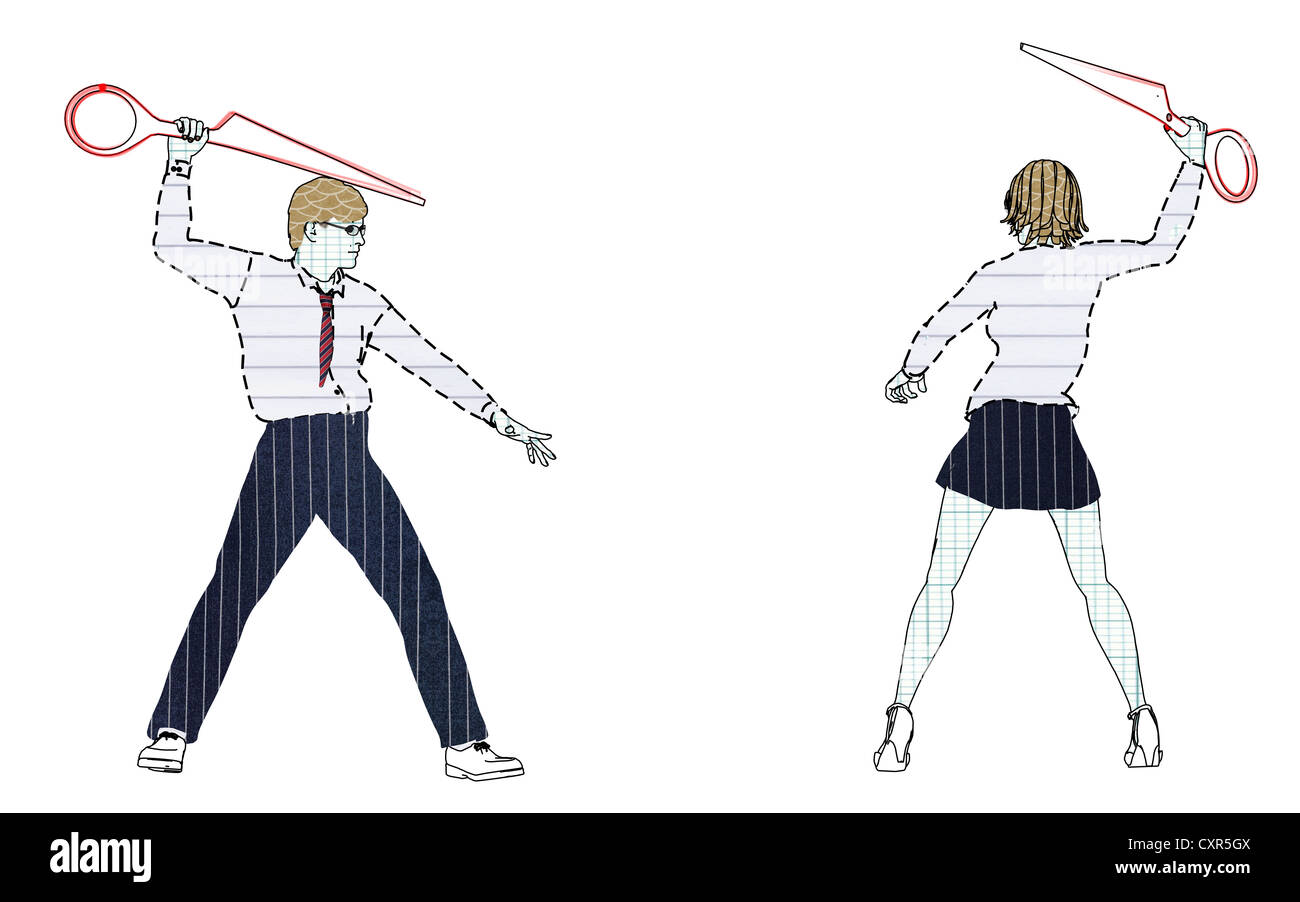 Collègues en lutte contre les uns les autres avec la moitié d'une paire de ciseaux, image symbolique de batailles de bureau, illustration Banque D'Images