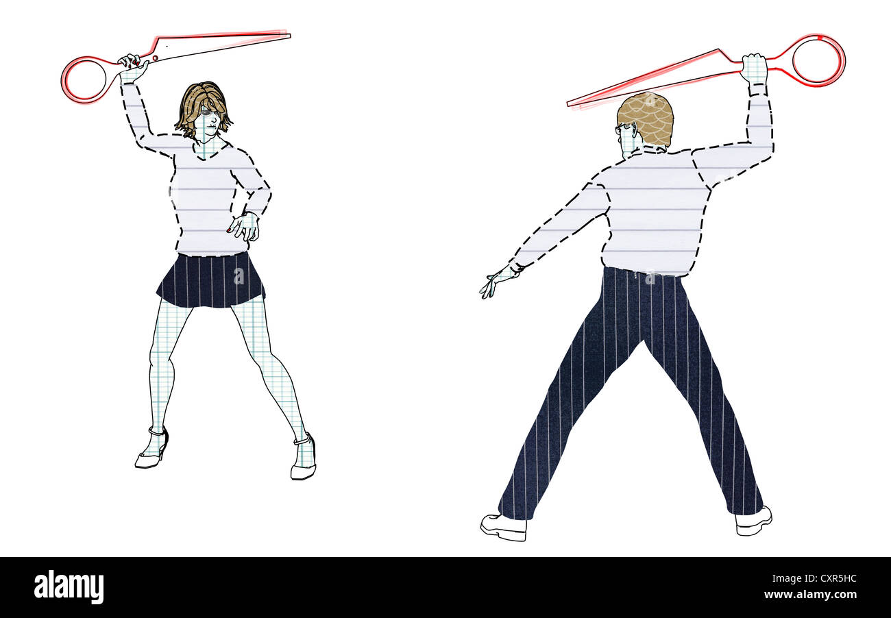 Collègues en lutte contre les uns les autres avec la moitié d'une paire de ciseaux, image symbolique de batailles de bureau, illustration Banque D'Images