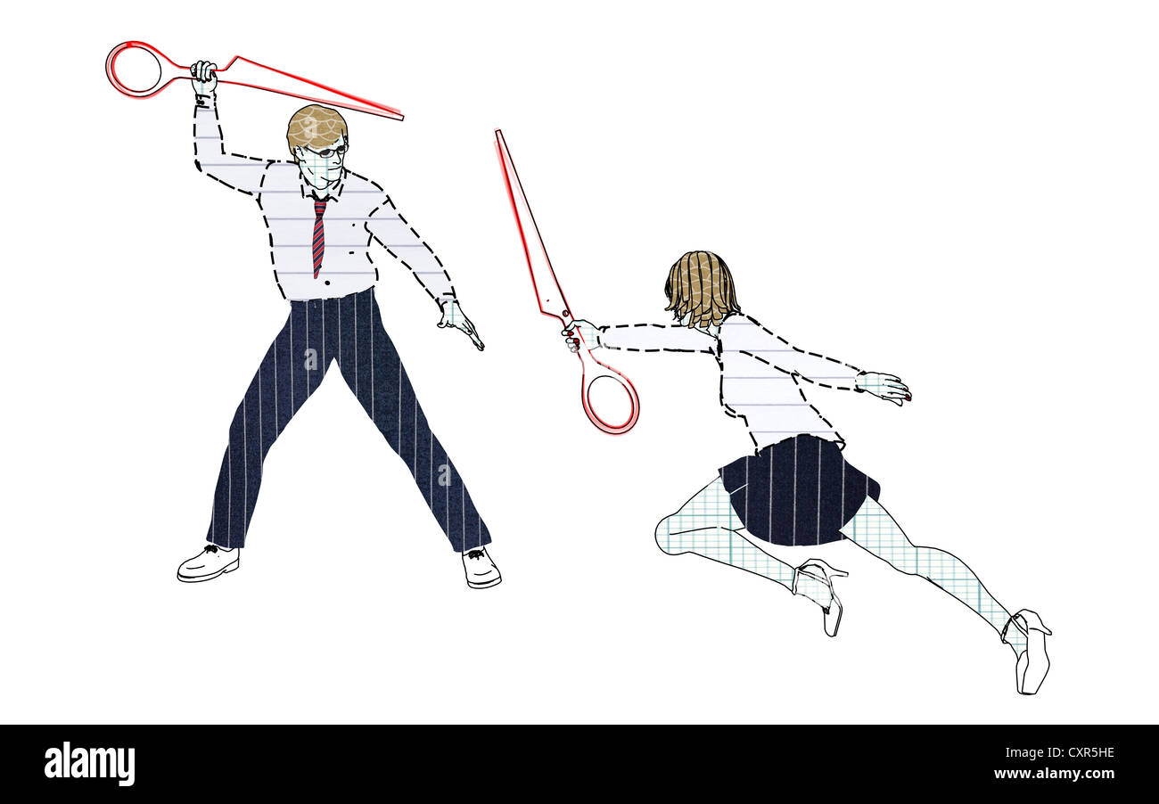 Collègues en lutte contre les uns les autres avec la moitié d'une paire de ciseaux, image symbolique de batailles de bureau, illustration Banque D'Images