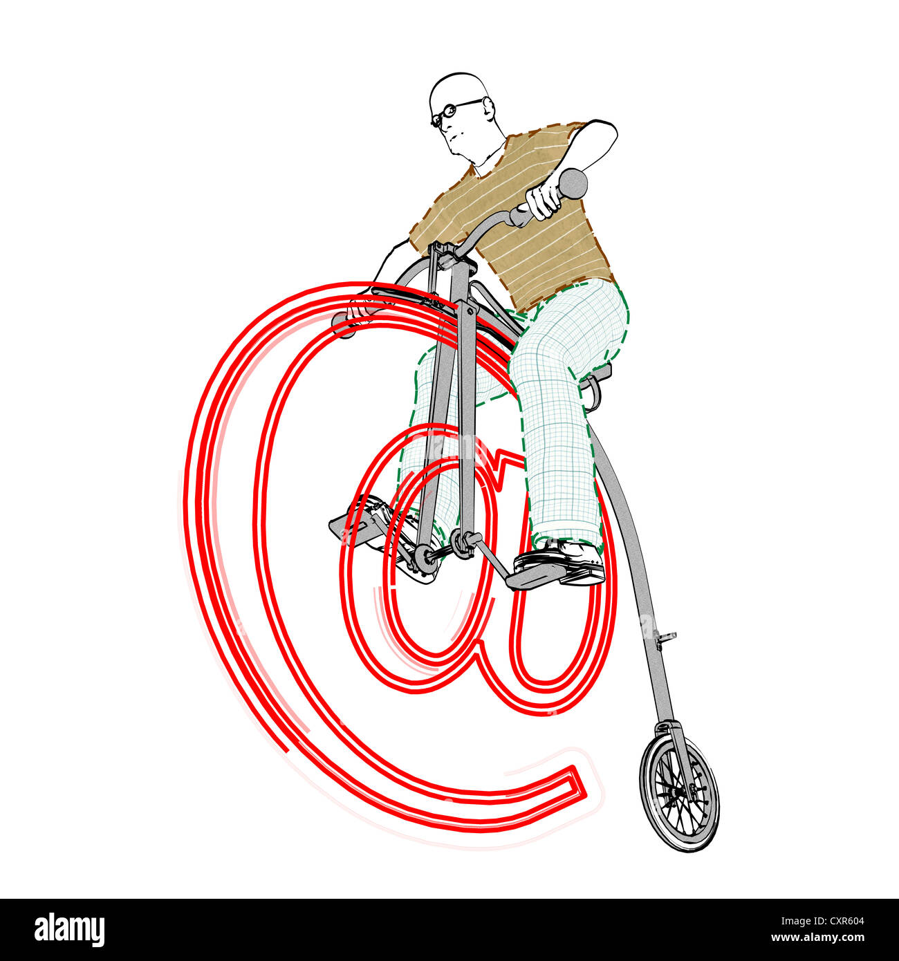 Old man riding a penny farthing location composé d'un arobase, surfer sur le web, illustration Banque D'Images