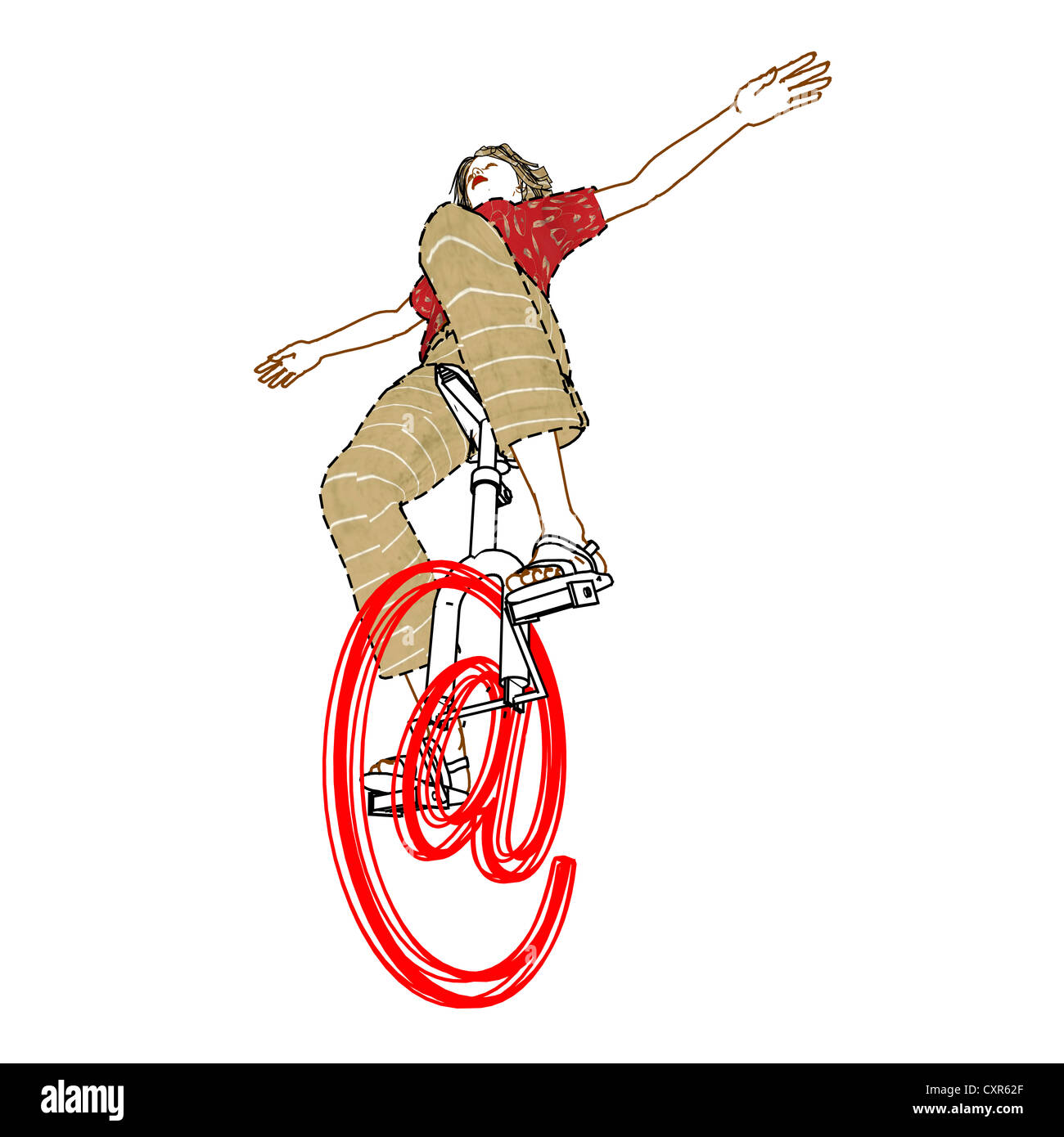 Vélo femme sur un symbole 'at' en l'utilisant comme un monocycle, image symbolique, surfer sur internet, illustration Banque D'Images