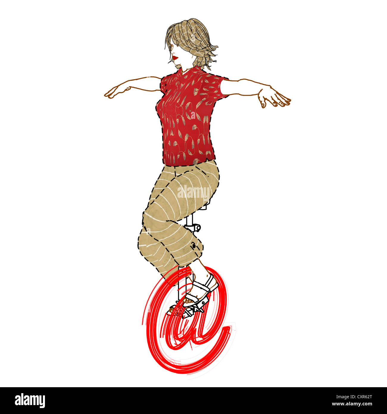 Vélo femme sur un symbole 'at' en l'utilisant comme un monocycle, image symbolique, surfer sur internet, illustration Banque D'Images