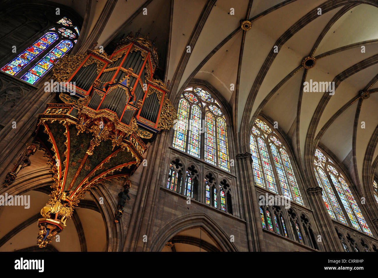 Orgue dans la nef avec son boîtier gothique conservé, nef, vue de l'intérieur de la cathédrale de Strasbourg, la cathédrale de Notre Dame de Banque D'Images