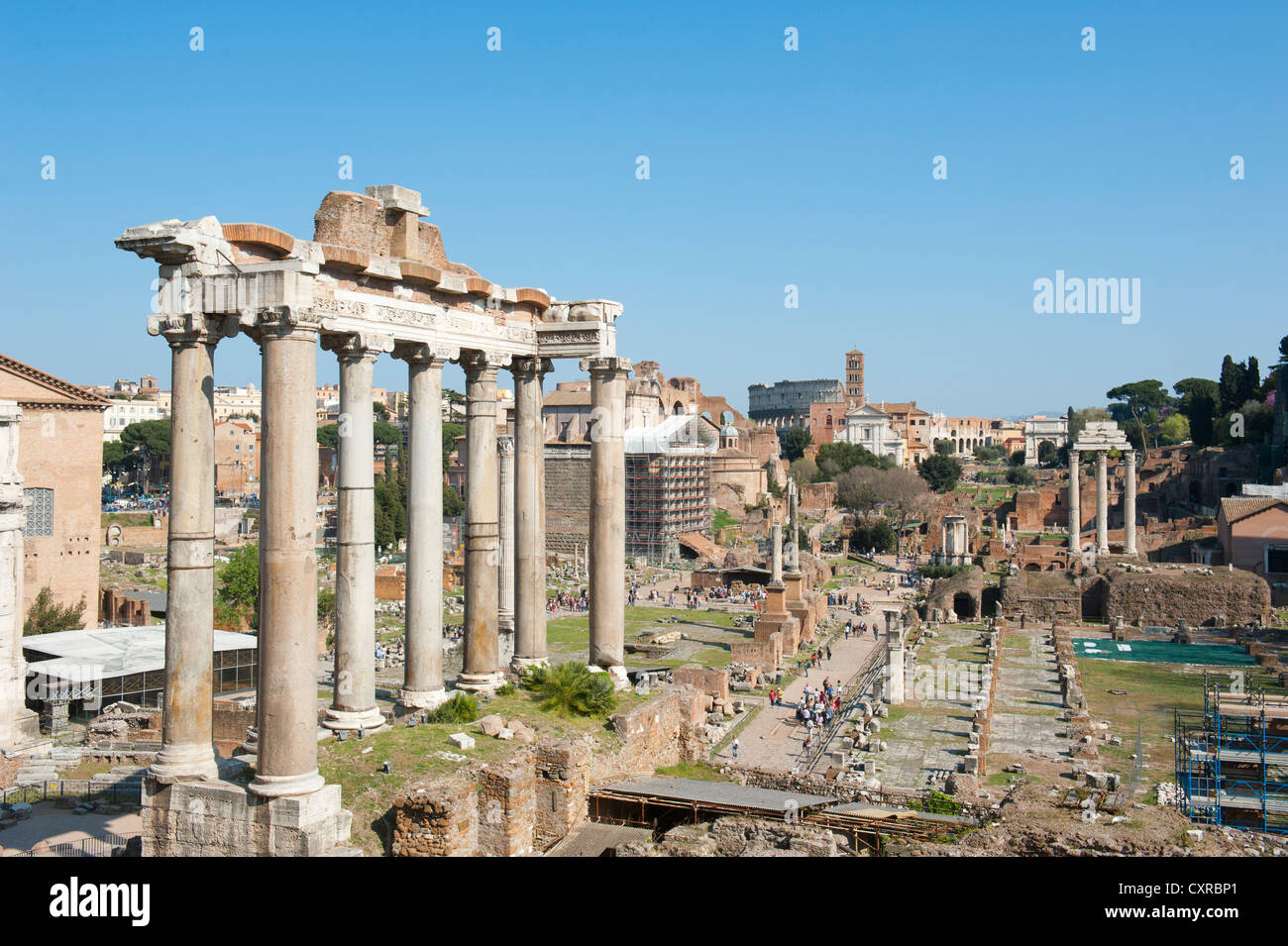 Colonnes, Temple de Saturne, Forum Romanum, site de fouilles archéologiques, l'ancienne Rome, Rome, Latium, Italie Banque D'Images