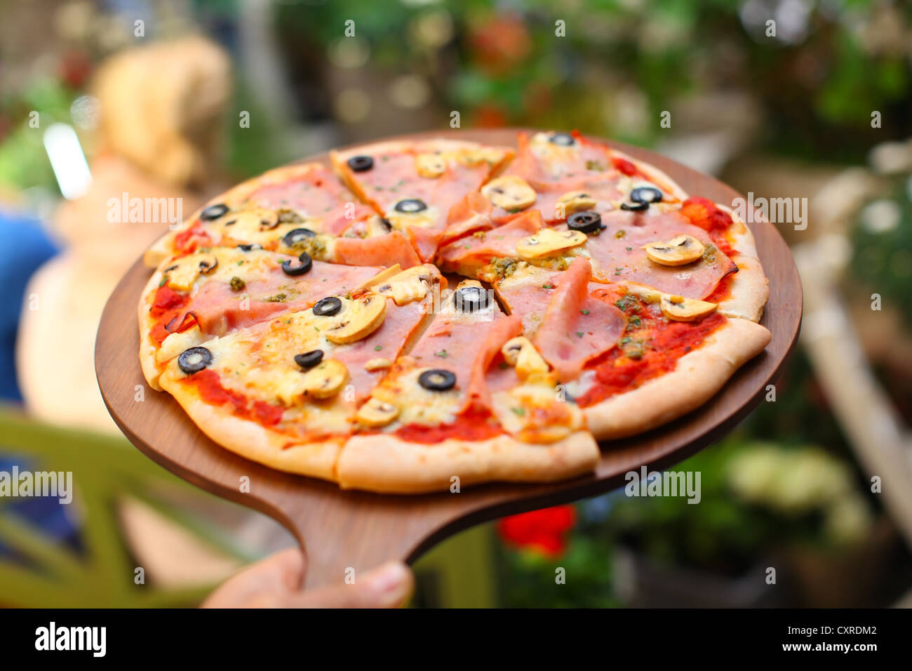 Pizza entière coupée en portions sur planche à pizza Banque D'Images