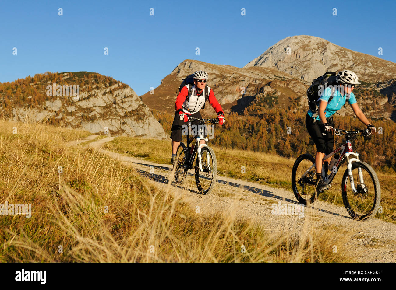 Les cyclistes de montagne en route vers Gotzenalm alp, Berchtesgadener Land, district de Haute-bavière, Bavaria, Germany, Europe Banque D'Images