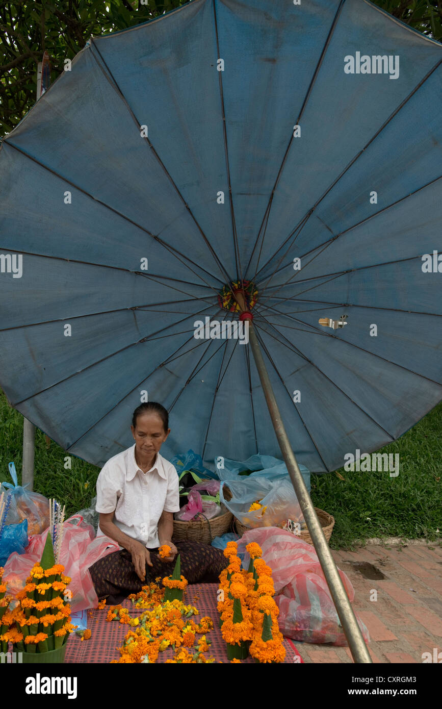 Une femme vend des fleurs sur son temple offres fly en bordure de terrain), Luang Prabang, Laos Banque D'Images