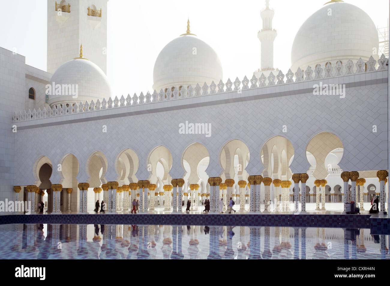 Traduit par une colonnade extérieure de l'eau dans la mosquée Sheikh Zayed à Abu Dhabi, Émirats arabes unis, au Moyen-Orient, en Asie Banque D'Images
