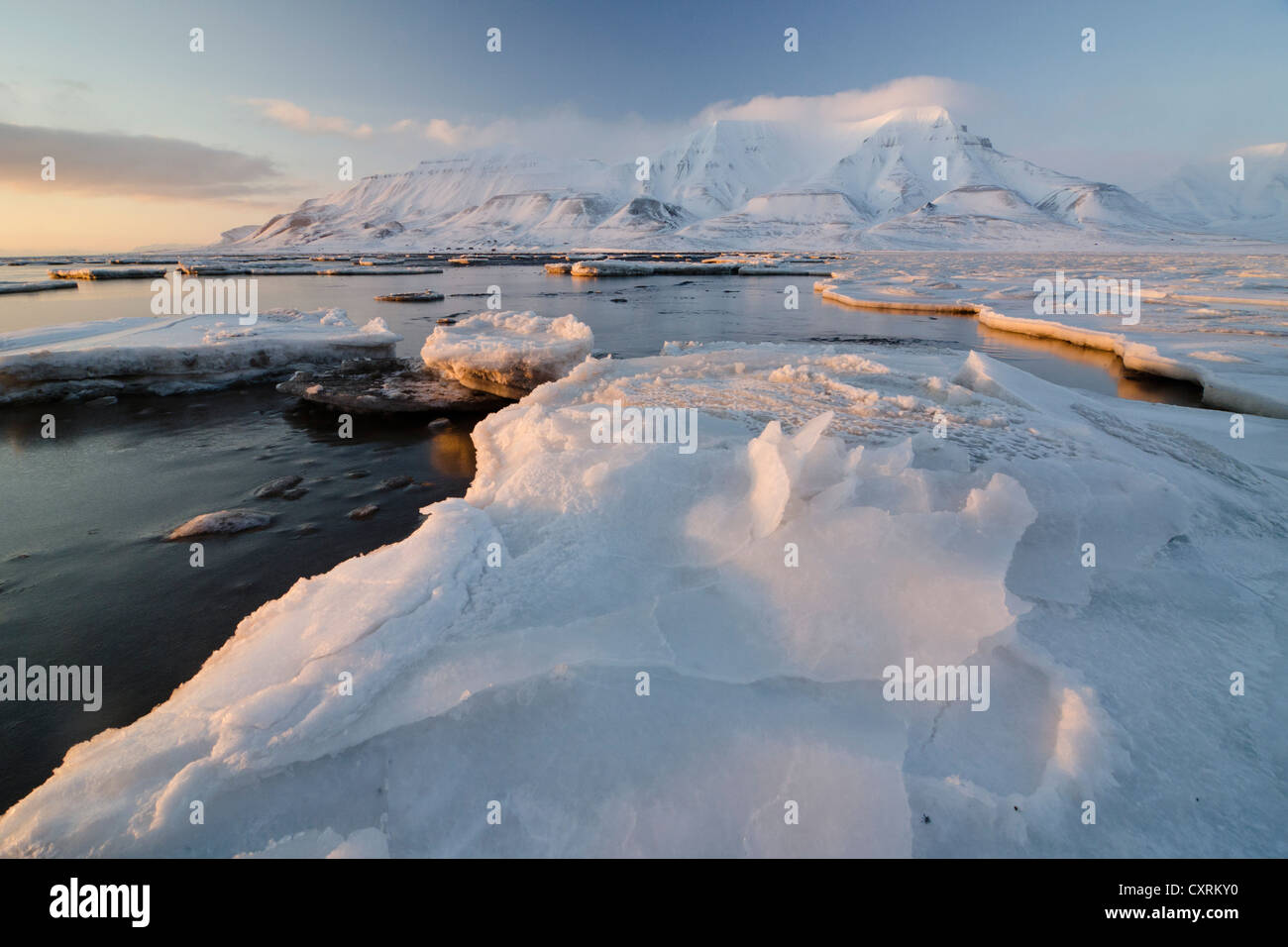 Au bord de la banquise dans Adventfjorden, Advent Bay, Mt Hjorthfjellet au dos, Longyearbyen, Spitsbergen, Svalbard, Norvège Banque D'Images