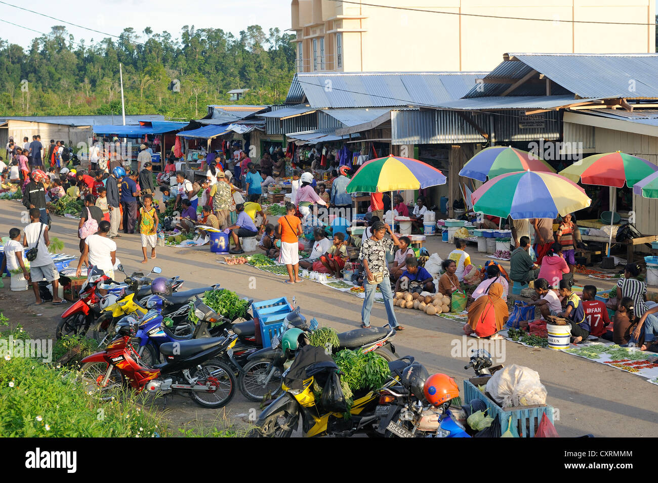 Marché hebdomadaire près de Kota Biak Biak, île au large de l'île de Papouasie-Nouvelle-Guinée, en Indonésie, en Asie du Sud-Est, l'Asie Banque D'Images