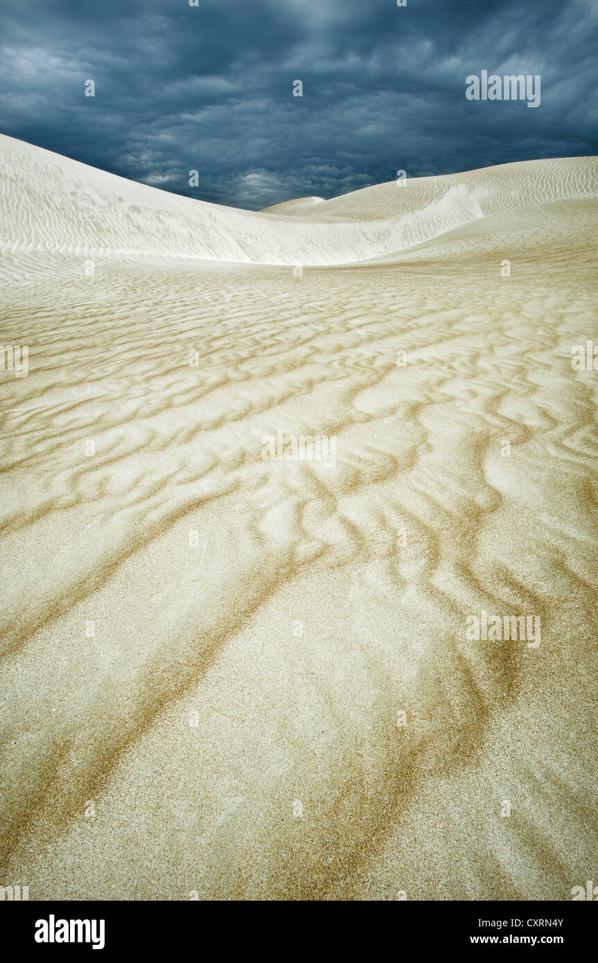 Dunes de Cactus Beach sous des nuages sombres. Banque D'Images