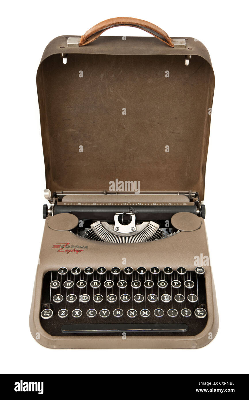 1930 Machine à écrire manuelle portable Zephyr Corona en acier léger d'origine. Banque D'Images