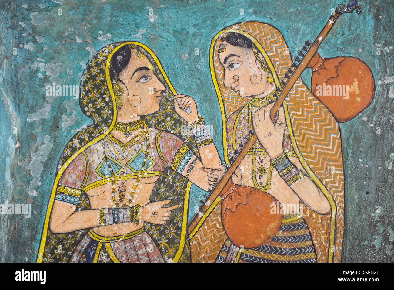 Les femmes à la cour avec un instrument à cordes indien, Veena, murale, Kota-School, le Vieux Palais, Maharao Madho Singh Museum, Kota Banque D'Images