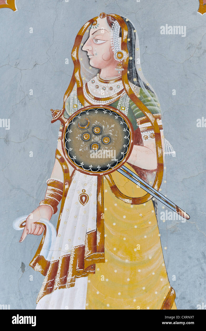 Femme avec une épée et un bouclier, murale, Kota-School, le Vieux Palais, Maharao Madho Singh Museum, Kota, Rajasthan, Inde, Asie Banque D'Images