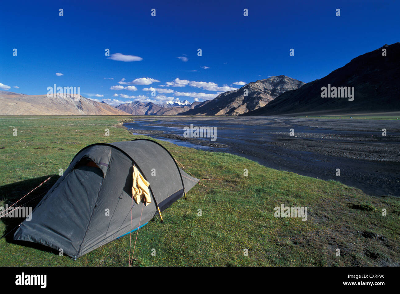 Tente près du lac de haute altitude, Tso Moriri Tsomoriri ou le lac Moriri, Changtang ou Changthang, Ladakh, Himalaya Indien Banque D'Images