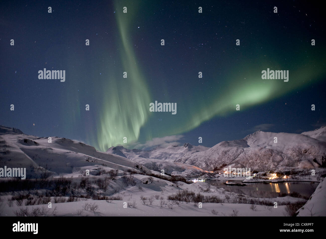 Northern Lights ou lumières polaires dans Austnesfjorden, île de Austvågøya, Austvagoya, îles Lofoten, Norvège du Nord, Norvège Banque D'Images