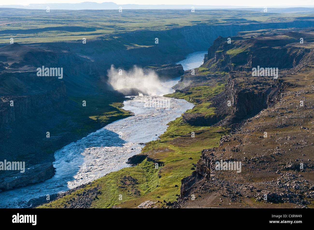Vue aérienne, rivière, cascade Dettifoss, Joekulsárgljúfur à Ásbyrgi, parc national ou d'Asbyrgi, Islande, Scandinavie Banque D'Images