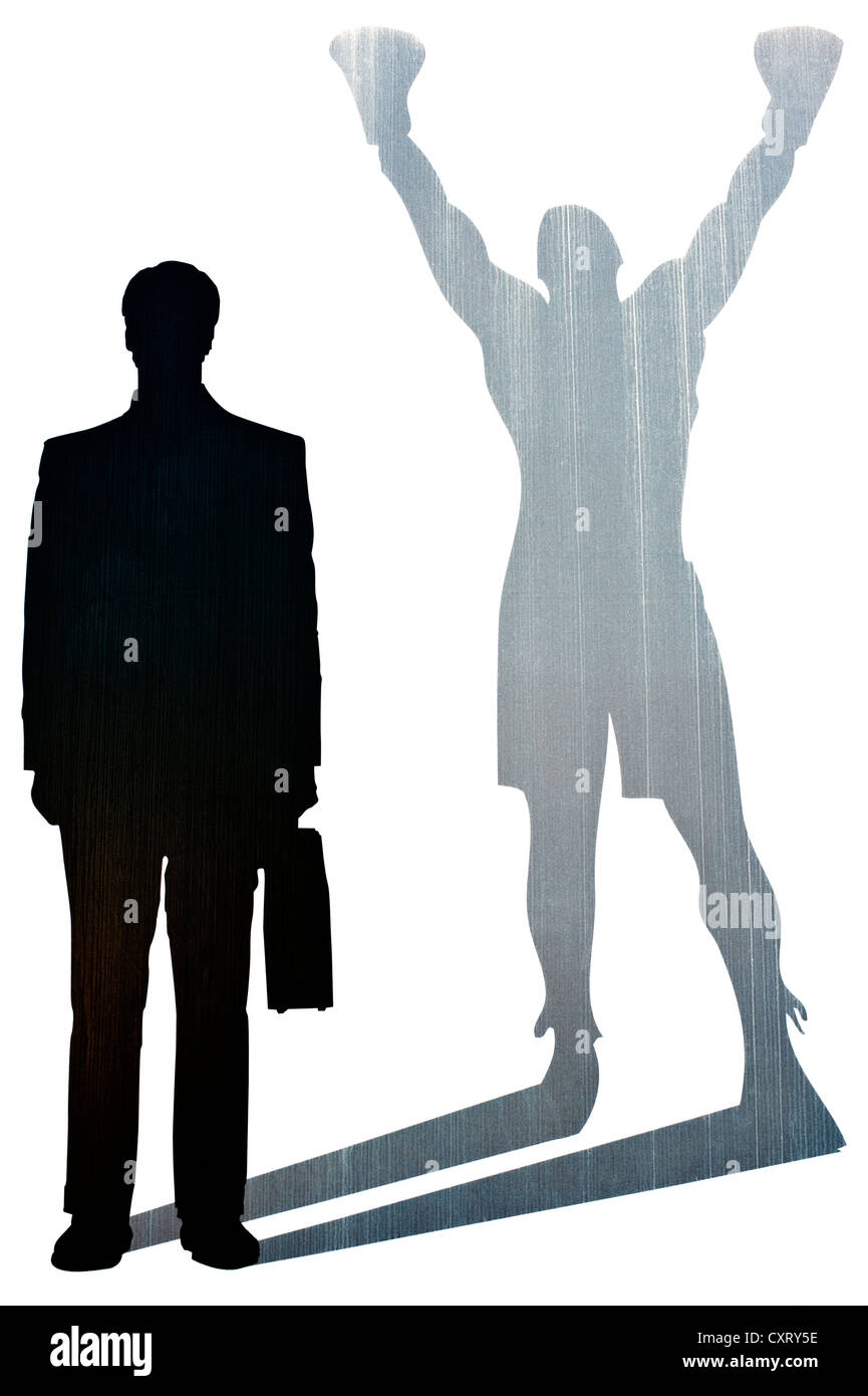 Silhouette d'affaires avec l'ombre d'un boxeur, image symbolique de la réussite Banque D'Images