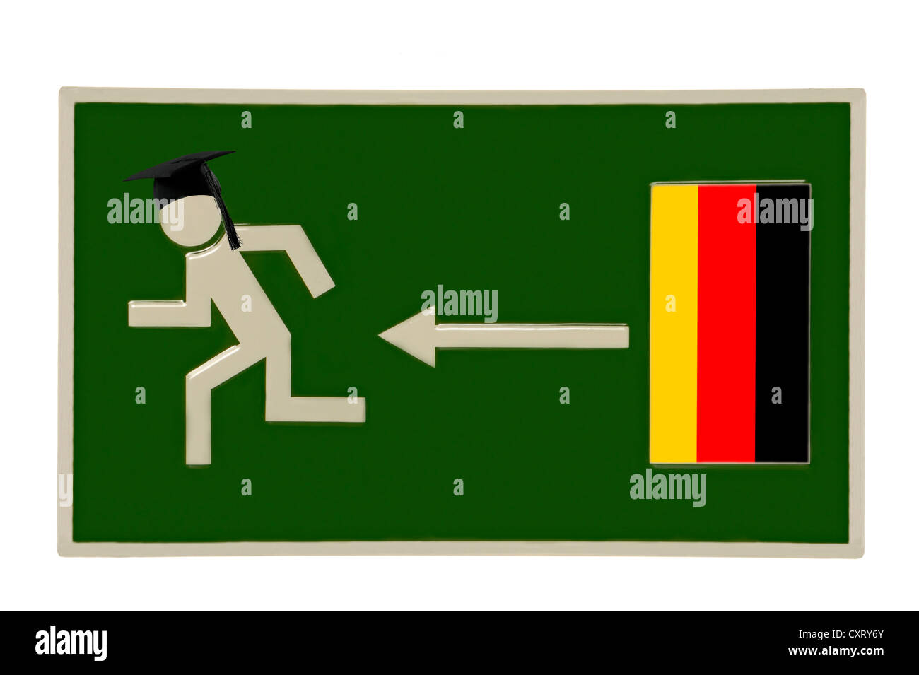 Échapper à signer, le pictogramme d'une personne portant une graduation cap fuyant d'une porte avec le drapeau allemand, image symbolique de Banque D'Images