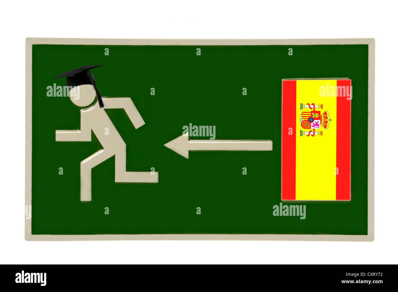 Échapper à signer, le pictogramme d'une personne portant une graduation cap fuyant d'une porte avec le drapeau espagnol, image symbolique de Banque D'Images