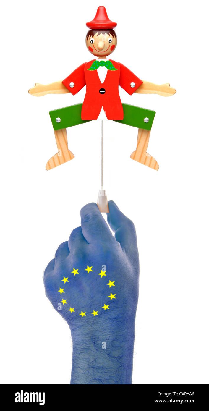 La main avec stars européennes en tirant sur la corde d'une image symbolique, jumping jack Banque D'Images