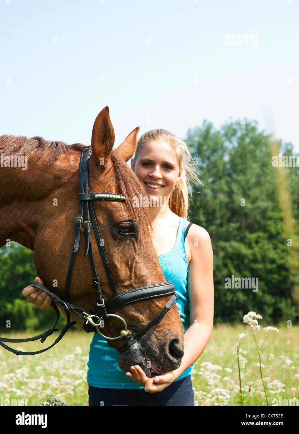 Alimentation fille son cheval durant une randonnée Banque D'Images